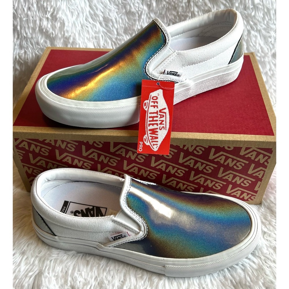 NWT Vans Slip-On Pro Rainbow Iridescent Silver Skate Shoes